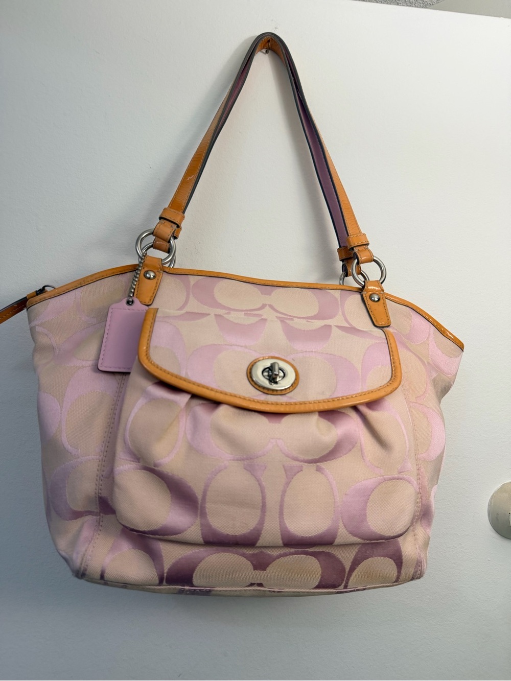 Coach Pink Logo Jacquard Shoulder Bag with Tan Trim